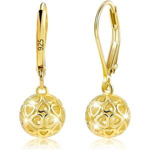 925 Sterling Silver 14K Gold French Style Leverback Earrings Heart Dangle Drop